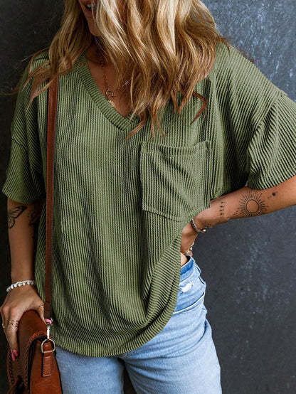 Women’s Ribbed V Neck Short Sleeve Pocket Tee