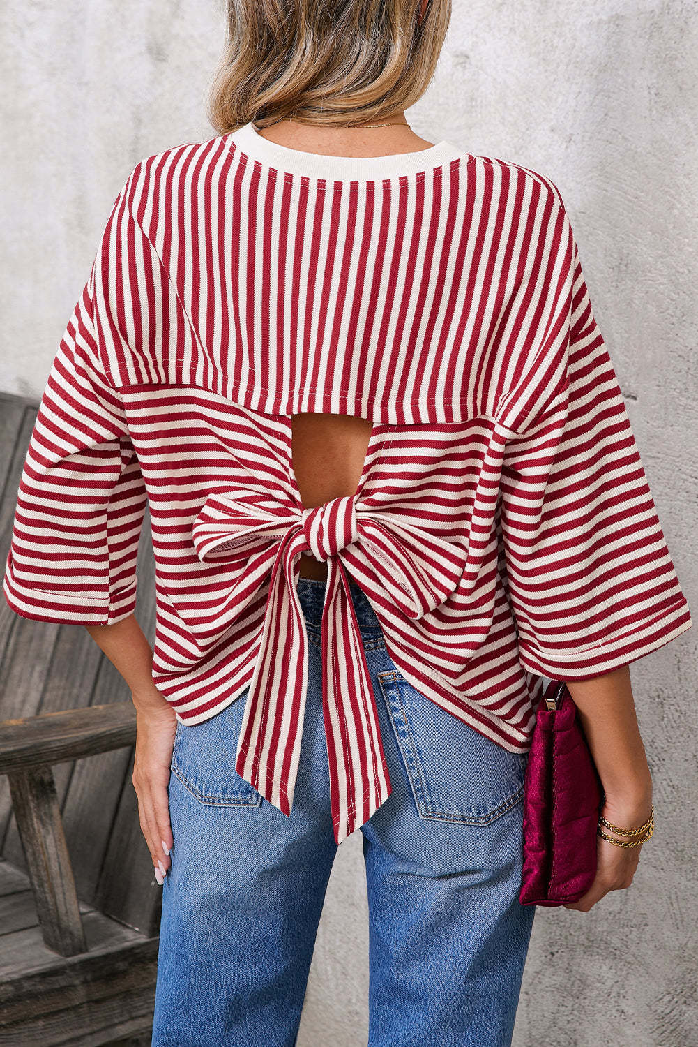 Blue Striped Knit Back Bow Open Back Top Women