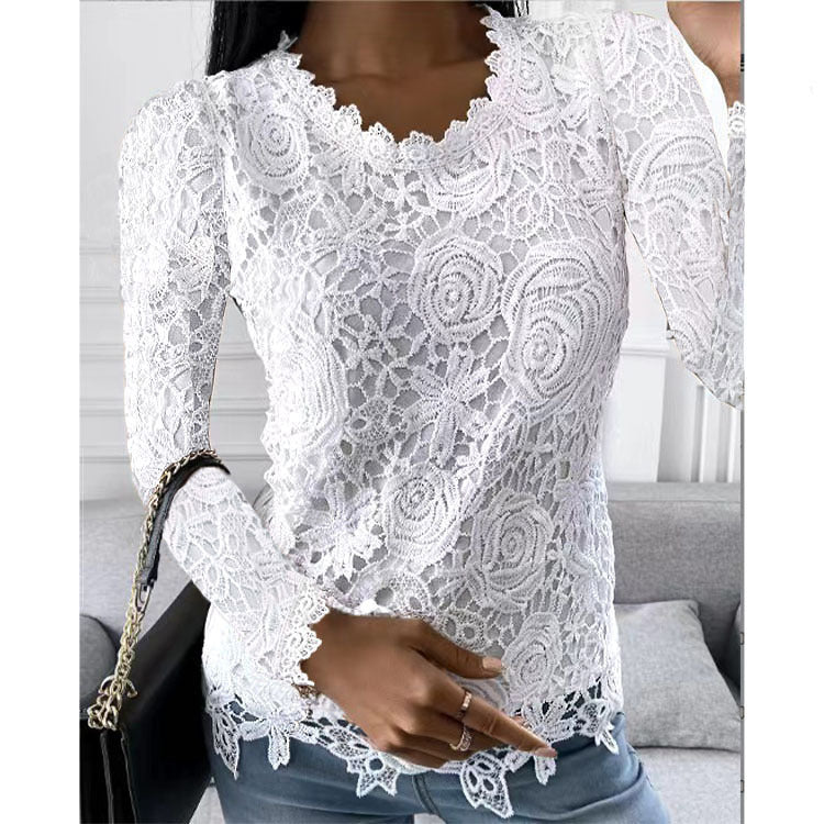 Women's Lace Long Sleeve Scalloped Neck Blouse