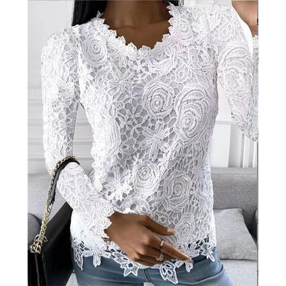 Women's Lace Long Sleeve Scalloped Neck Blouse