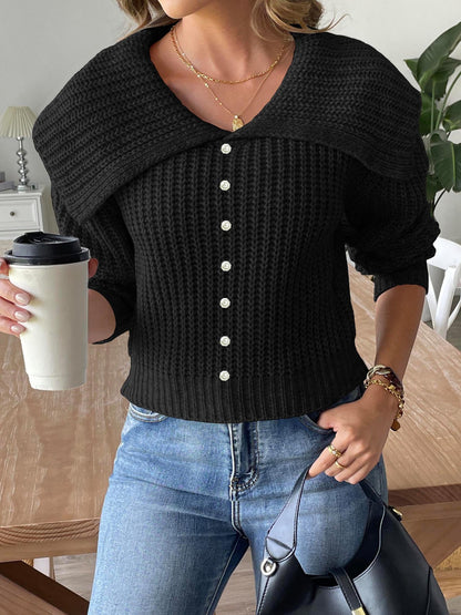 Women's Short Top Pearl Nail Sweater Autumn and Winter Lapel Pullover