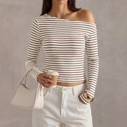 Off Shoulder Striped Long Sleeve Ribbed Knit Top Women