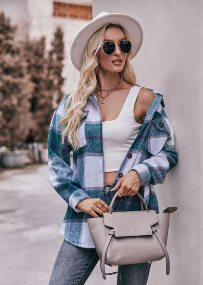 Plaid Flannel Shacket Button Front Pocket Oversized Jacket