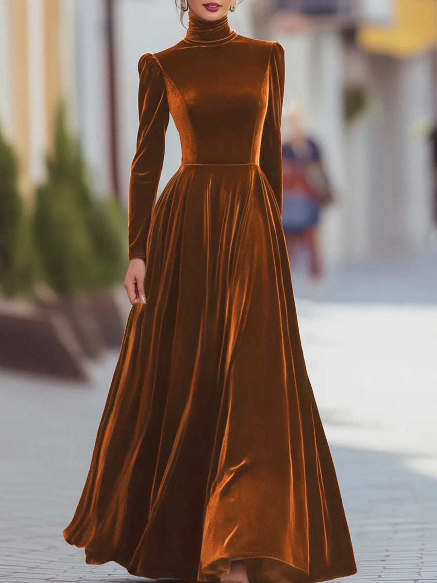 Elegant Velvet Turtleneck Long Sleeve Maxi Dress