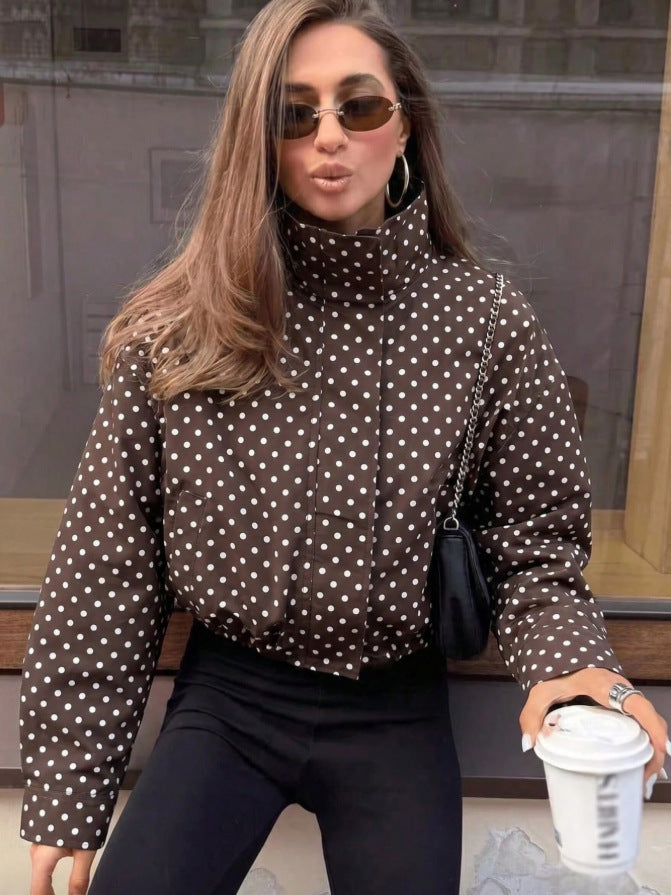 Women Polka Dot Zip Jacket Stand Collar Long Sleeve Pockets