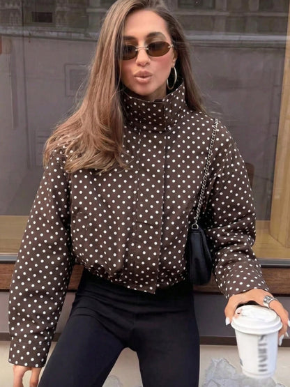 Women Polka Dot Zip Jacket Stand Collar Long Sleeve Pockets