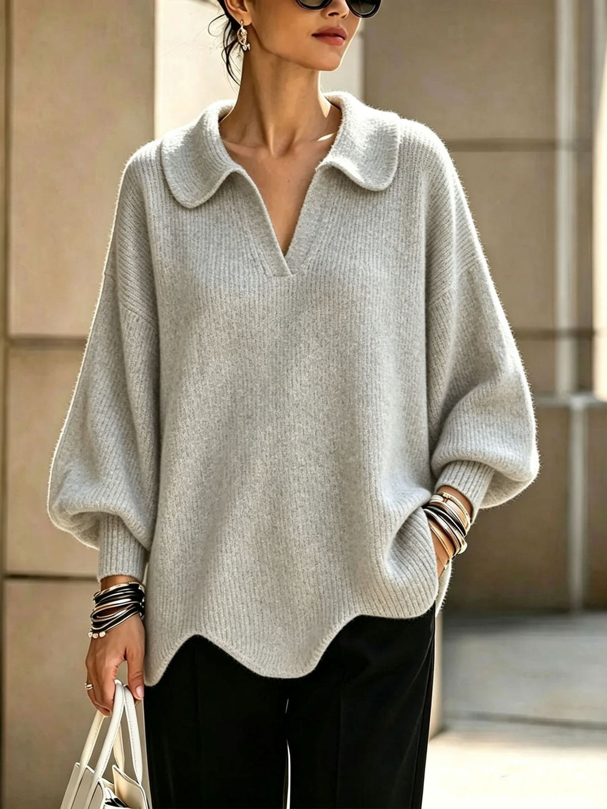 Women's Oversized Collared V-Neck Balloon Sleeve Sweater