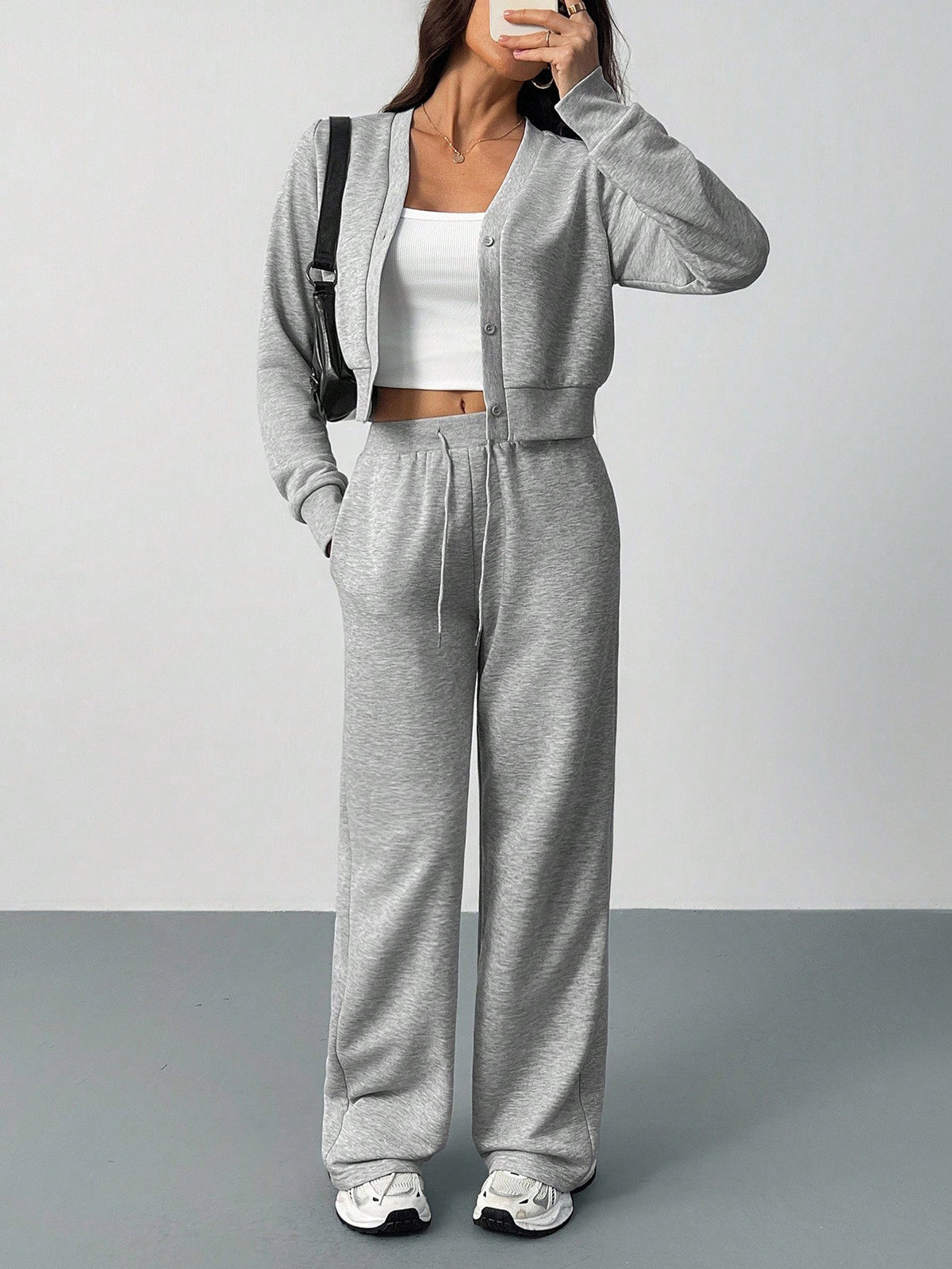 Womens Matching Set Crop Cardigan Wide Leg Sweatpants