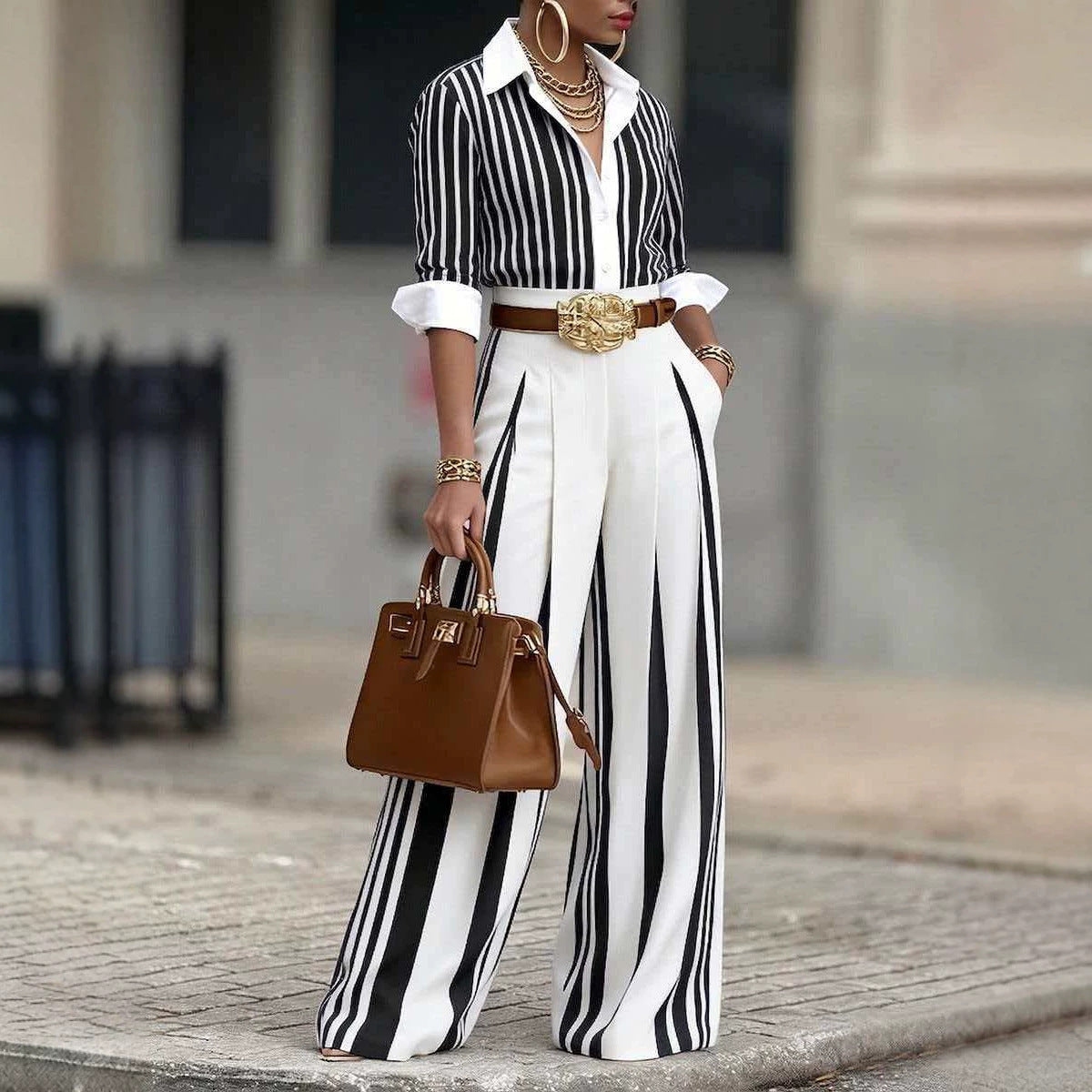 Women Striped High Waist Straight Leg Pants Color Block