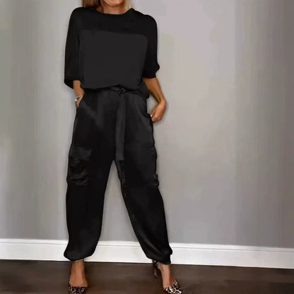 Women's Satin 2 Piece Set Half Sleeve Top Cargo Pants