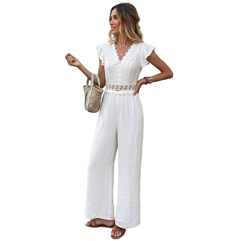Lace Flutter Sleeve Wide Leg Jumpsuit Resort Outfit