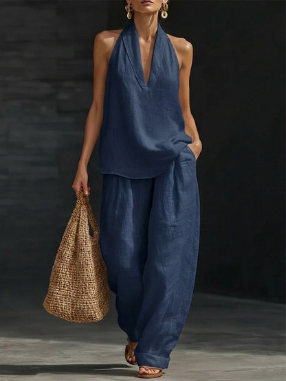 Women's Sleeveless Halter Top Wide Leg Pants Matching Set