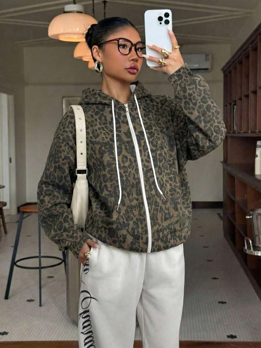 Y2K Leopard Print Fleece Zip Up Hoodie