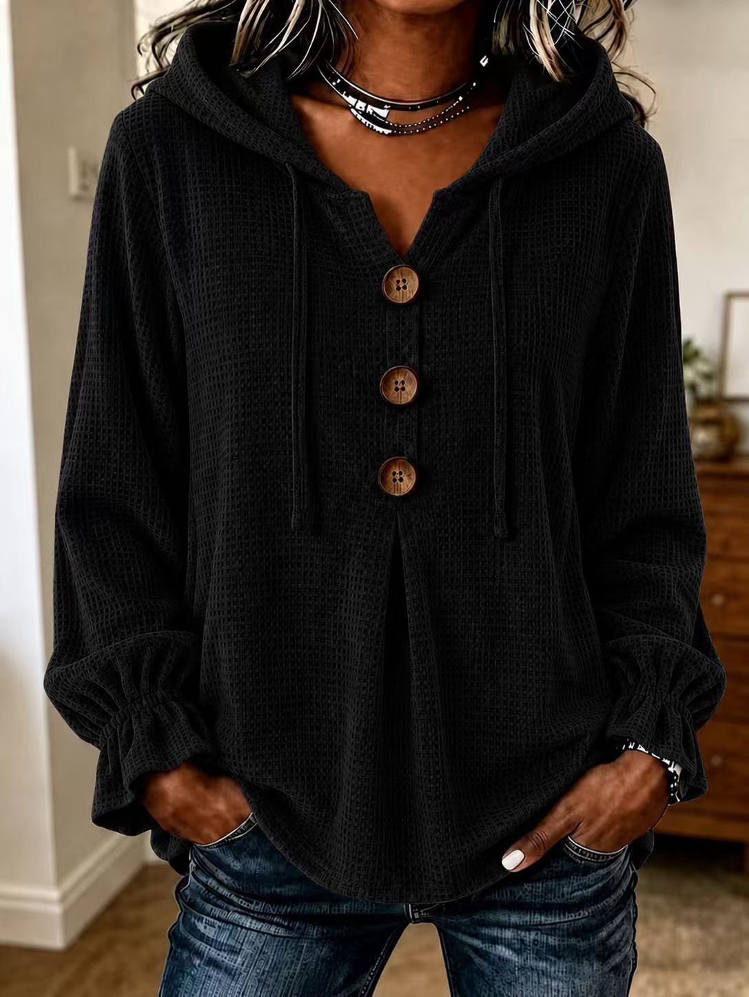 Waffle Knit Hooded Henley V Neck Long Sleeve Top