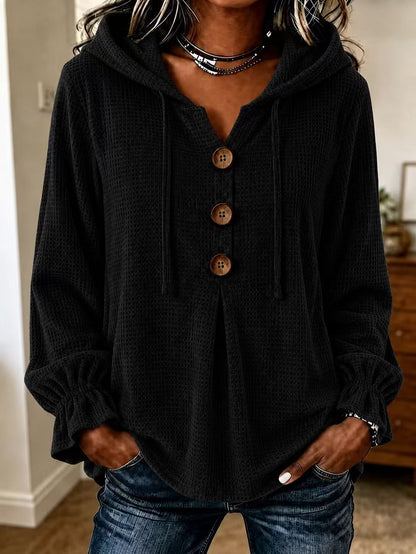 Waffle Knit Hooded Henley V Neck Long Sleeve Top