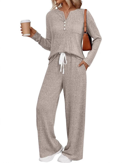 Women's Ribbed Henley Lounge Set Wide Leg Pants 2Pc