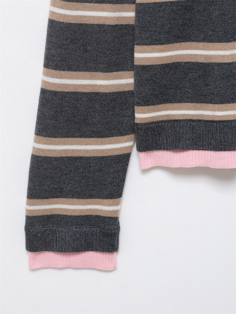 Color Block Striped Polo Cropped Knit Sweater Long Sleeve