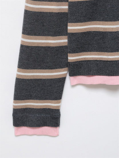 Color Block Striped Polo Cropped Knit Sweater Long Sleeve