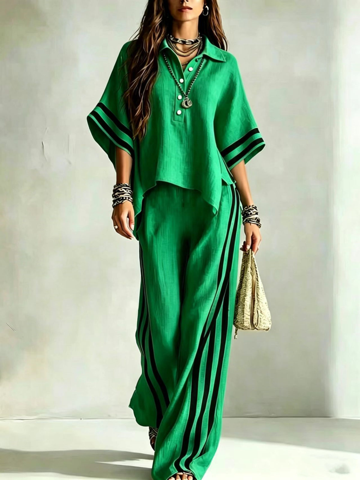 Women's Striped Oversized Shirt Wide Leg Pants 2 Piece Set