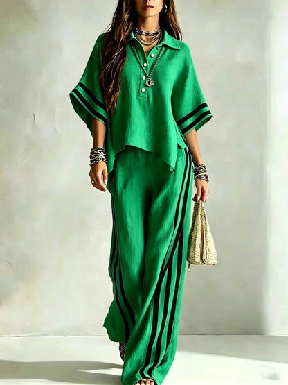 Women's Striped Oversized Shirt Wide Leg Pants 2 Piece Set
