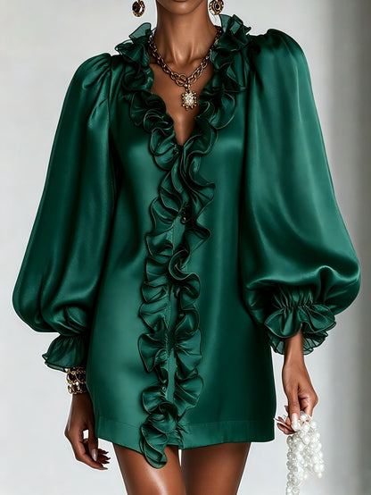 Women's Puff Sleeve Ruffle Deep V-Neck Mini Dress