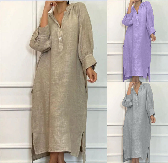 Linen Blend Long Sleeve Button Down Maxi Dress Pockets