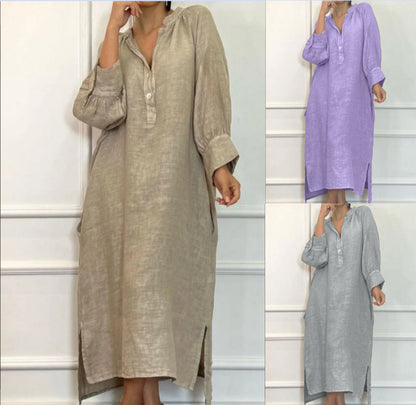 Linen Blend Long Sleeve Button Down Maxi Dress Pockets