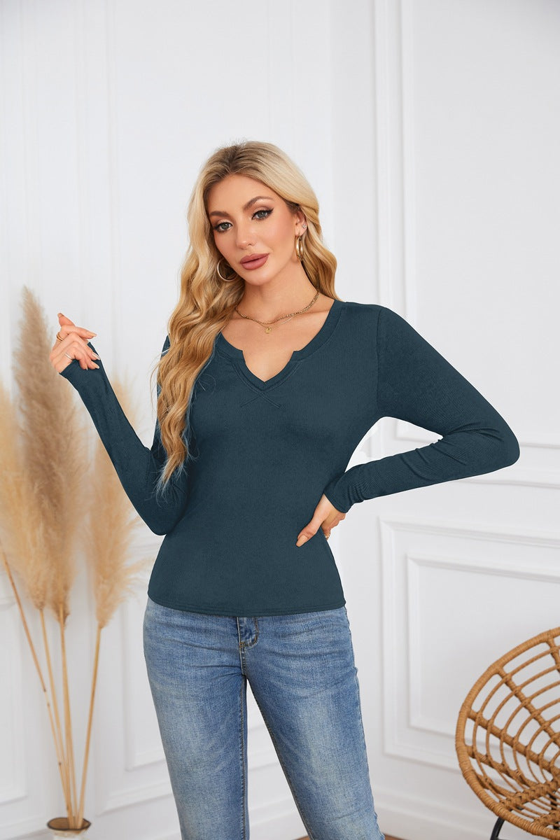 Ribbed Deep V Neck Slim Fit Long Sleeve Tee
