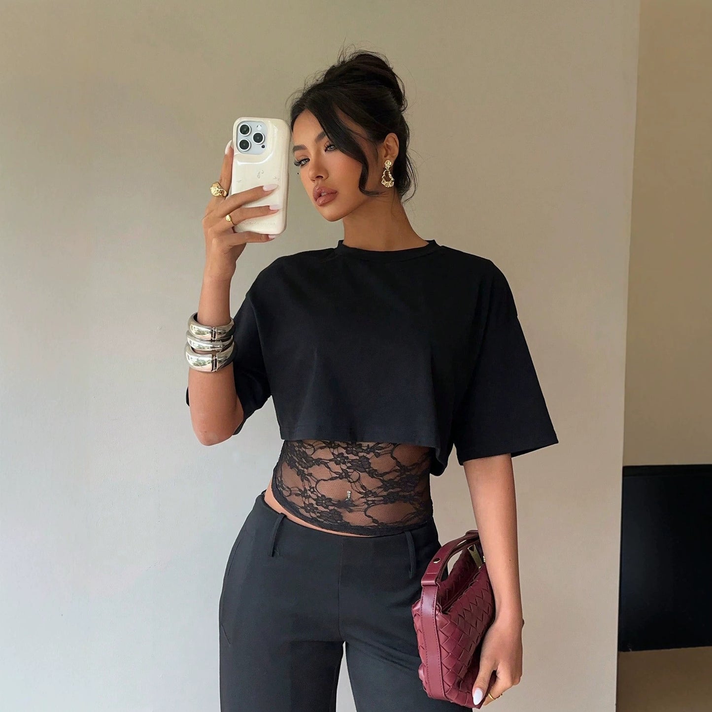 Two-Piece Lace Panel Slim Fit Sheer Short Sleeve Top