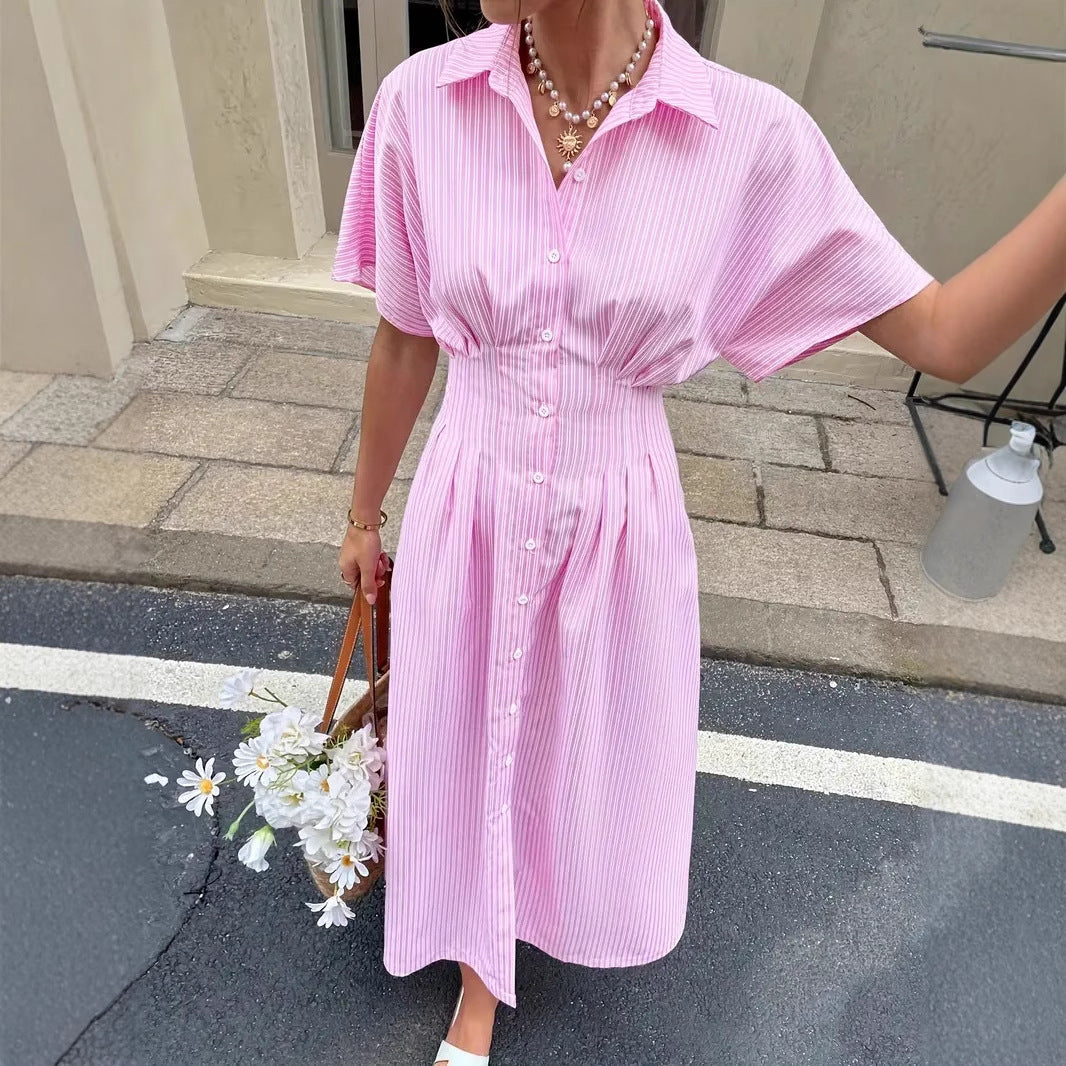 Striped Short Sleeve Button Front Midi Shirt Dress