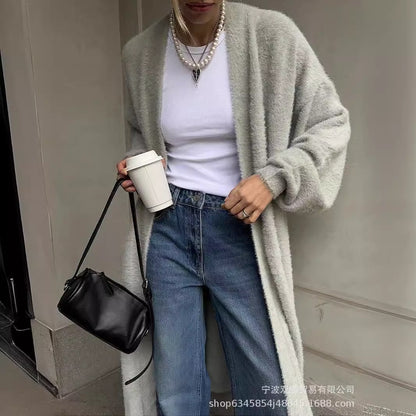 Women’s Long Faux Fur Cardigan Belted Open Front Sweater