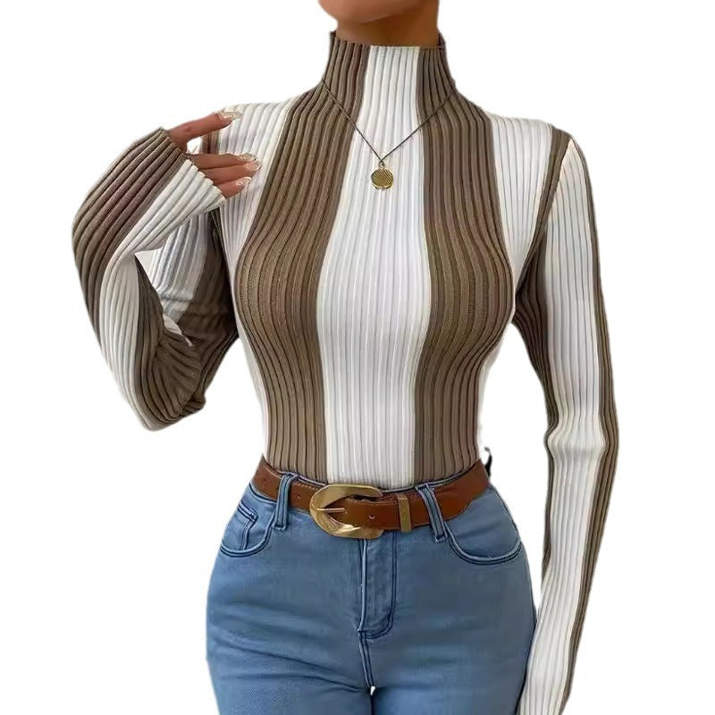 Women's Color Block Mock Neck Ribbed Sweater Top