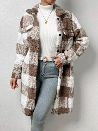 Women's Plaid Sherpa Fleece Long Coat Collared Jacket