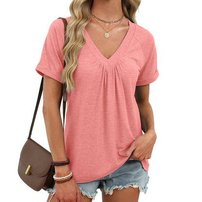 Women's V Neck Pleated Loose Short Sleeve Tunic Tee
