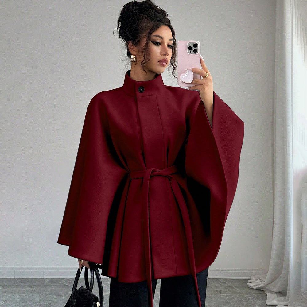 Women's Belted Cape Coat Stand Collar Wool Jacket