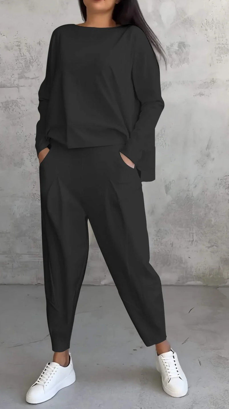 Womens Casual Two Piece Set Long Sleeve Top Pants Pockets