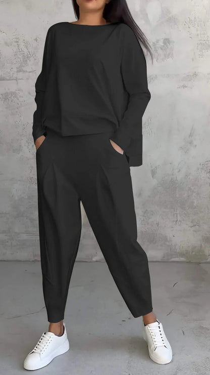 Womens Casual Two Piece Set Long Sleeve Top Pants Pockets
