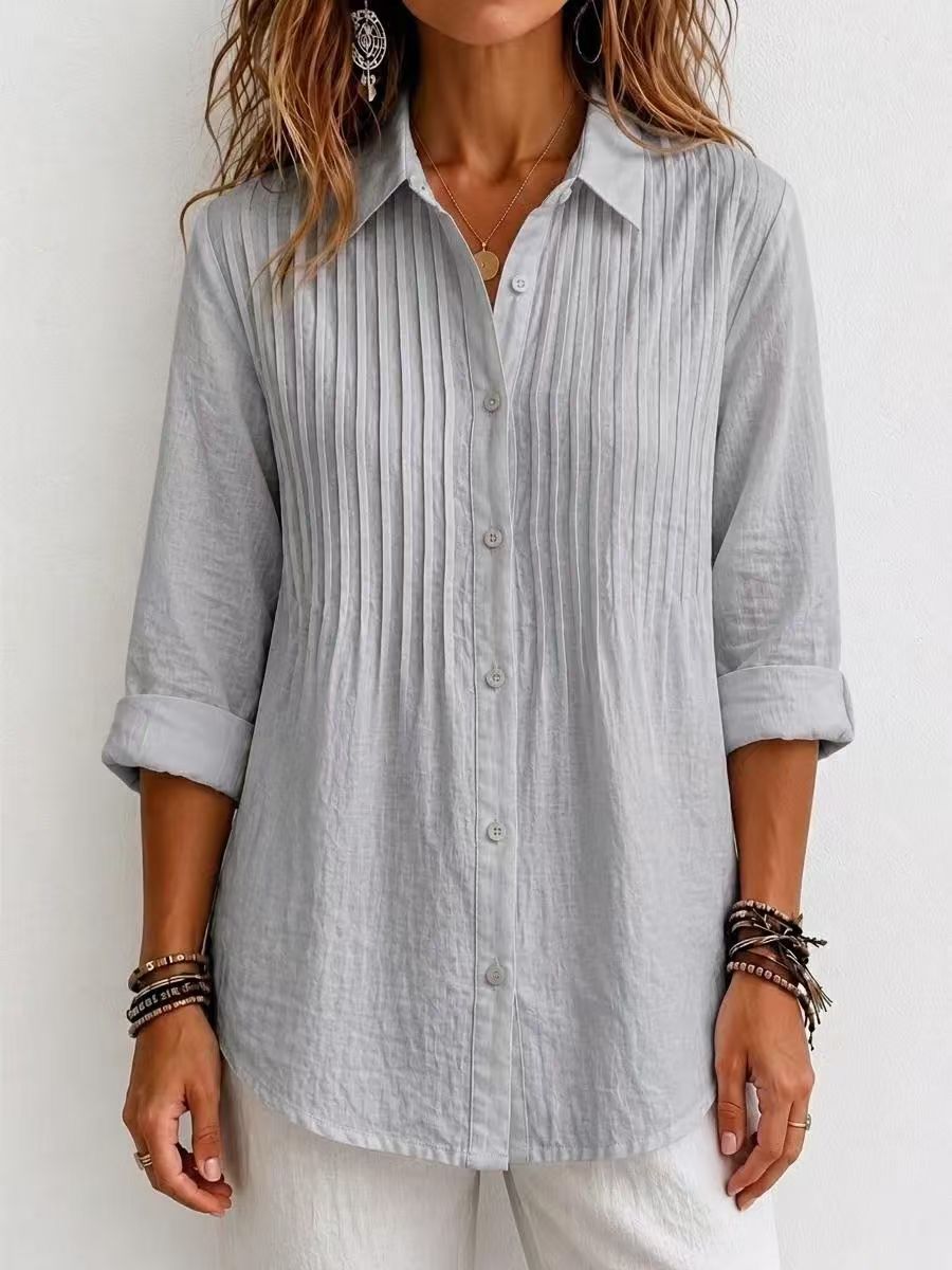 Women's Pintuck Collared Long Sleeve Button Down Shirt