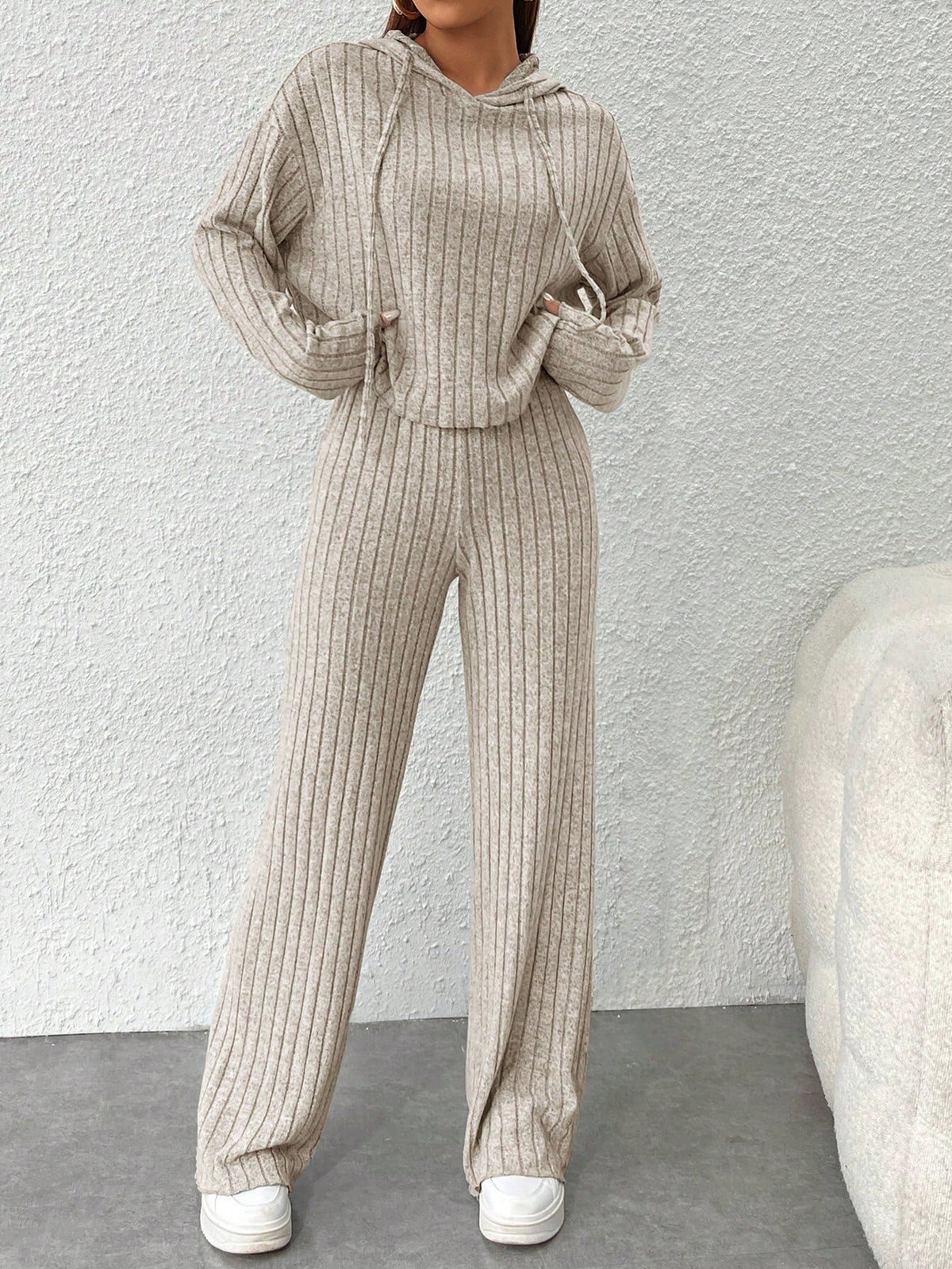 Women's Ribbed Knit Hoodie Wide Leg Pants Lounge Set