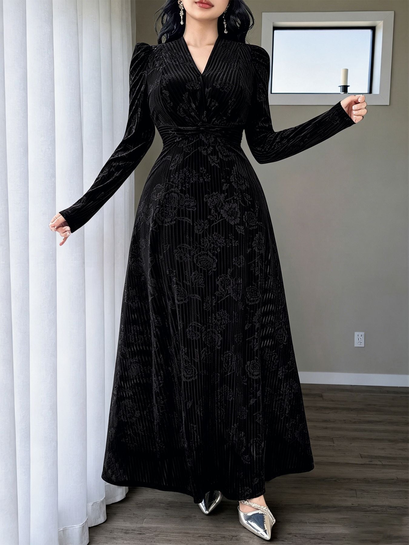 Floral Velvet Maxi Dress V Neck Twist Waist Evening Gown