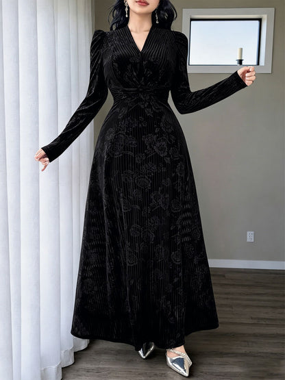 Floral Velvet Maxi Dress V Neck Twist Waist Evening Gown