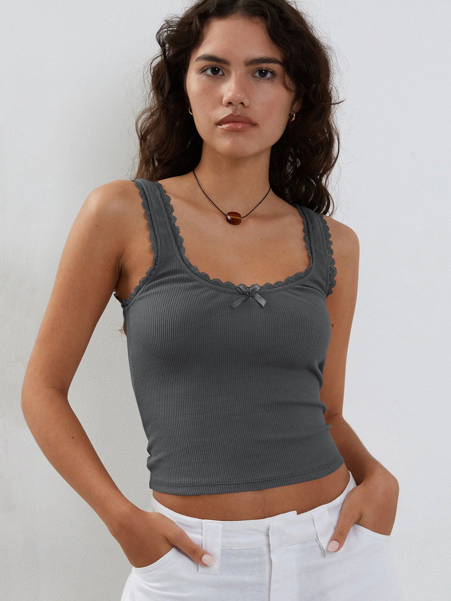 Ribbed Lace Trim Cami Top Slim Fit Cropped Tank