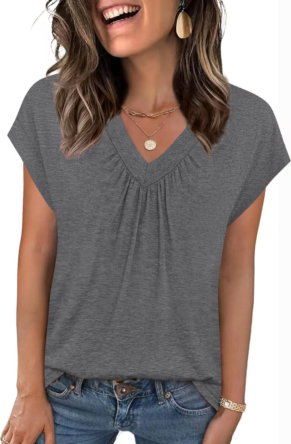 V-Neck Loose Fit Top – Casual Summer Short Sleeve Tee