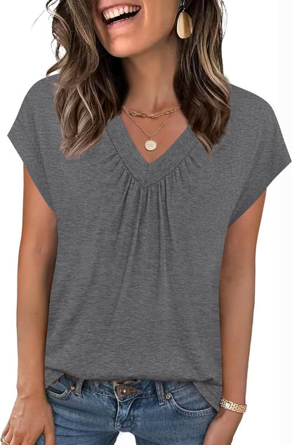 V-Neck Loose Fit Top – Casual Summer Short Sleeve Tee
