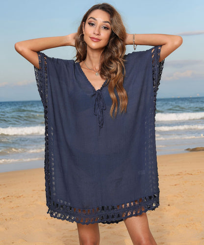 Crochet Tie-Front Beach Cover Up Loose Mini Dress