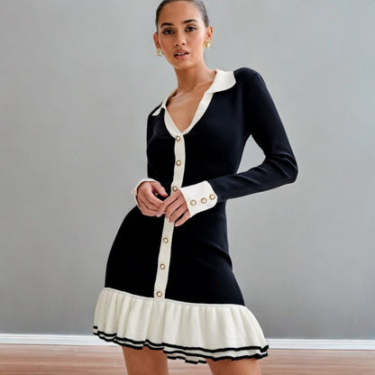 Women's Collared Pearl Button Ruffle Knit Mini Dress