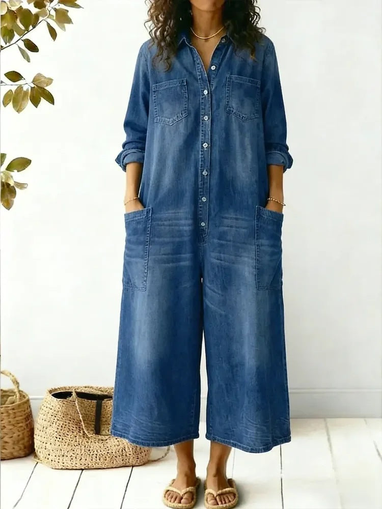 Women's Denim Maxi Shirt Dress Long Sleeve Button Front
