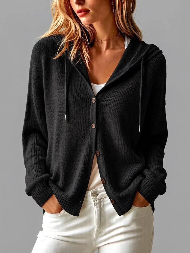 Women's Hooded Button Front Long Sleeve Knit Cardigan