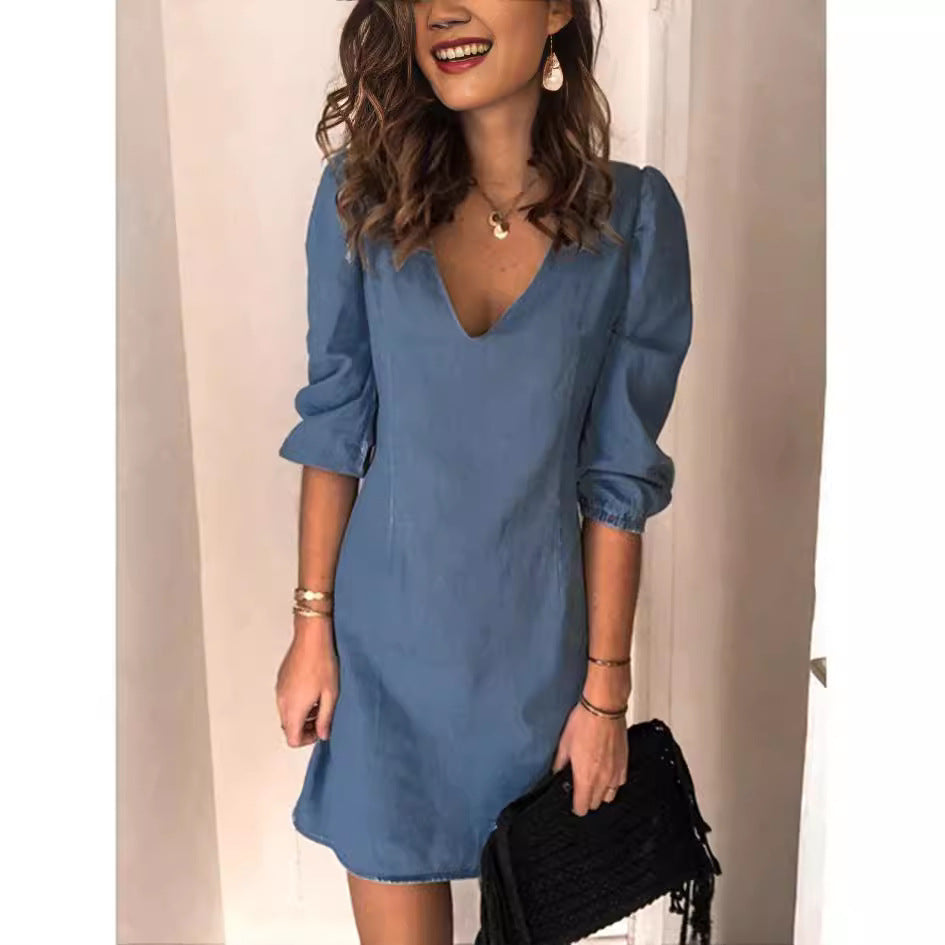 Women's V-Neck 3/4 Puff Sleeve A-Line Mini Dress