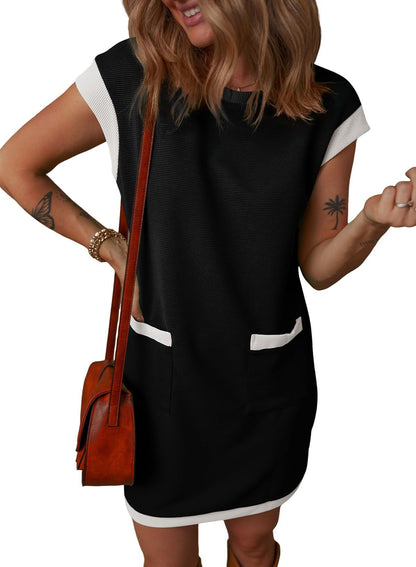Colorblock Pocket T Shirt Mini Dress Casual Loose Fit